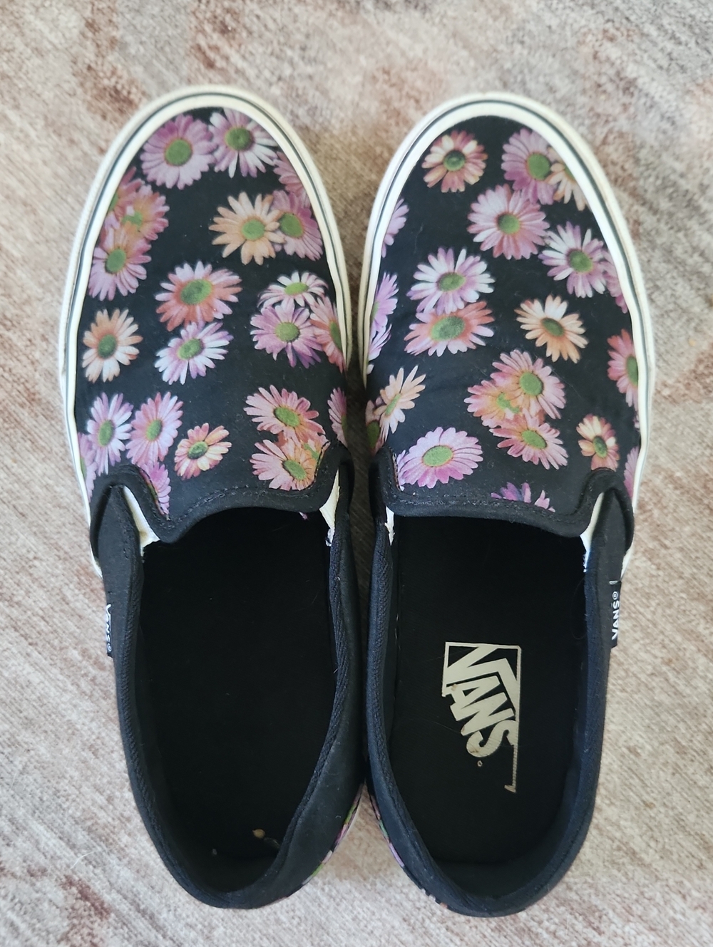 Vans Slip-On Black Canvas Sneakers with Pink Daisy Print